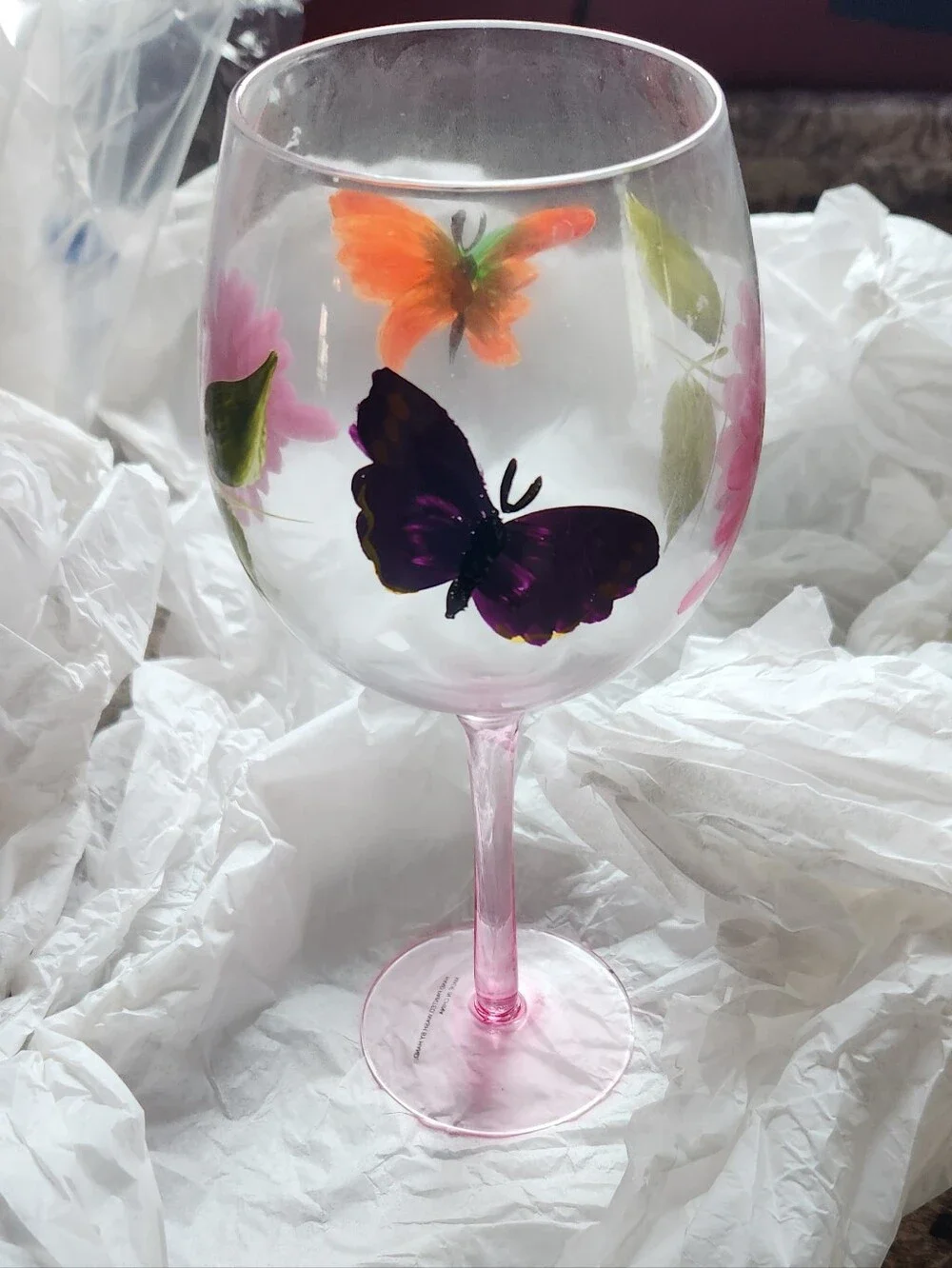 Hand-Painted Pink Stem Wine Glasses (Plus 1 Free), Floral & Butterfly Design